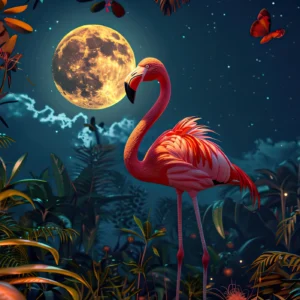 Papier peint tropical flamant rose sous la pleine lune étoilée
