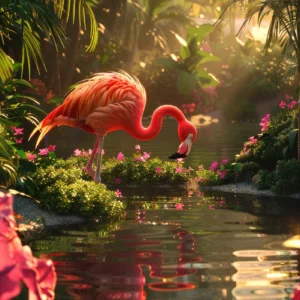 Flamant Rose Tropical dans Jardin Luxuriant avec Fleurs Exotiques