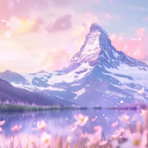 Papier Peint Montagne Matterhorn Reflets Fleurs Roses Ambiance Féerique