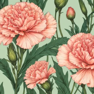 Papier peint botanique carnations roses vintage sur fond sage
