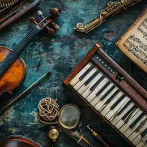 Papier peint vintage instruments musique classique partition ancienne