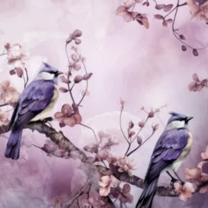 Papier Peint Oiseaux Violets sur Branches Fleuries Romantique
