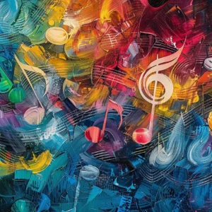 Papier Peint Musical Abstrait aux Notes Colorées et Dynamiques