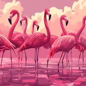 Papier peint flamants roses coucher soleil romantique tropical