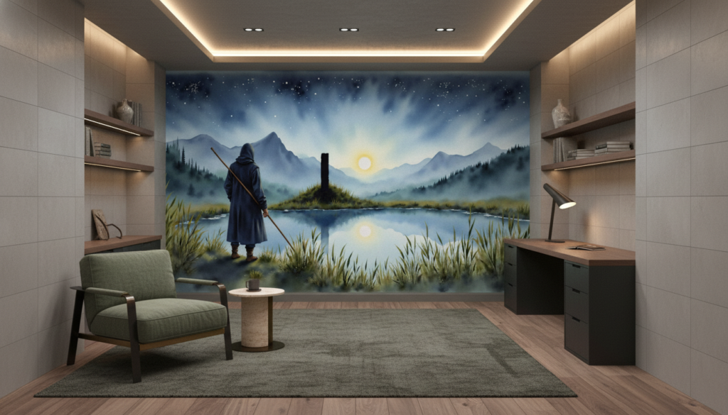 Voyageur mystique contemplant lac montagneux sous ciel étoilé - Bureau