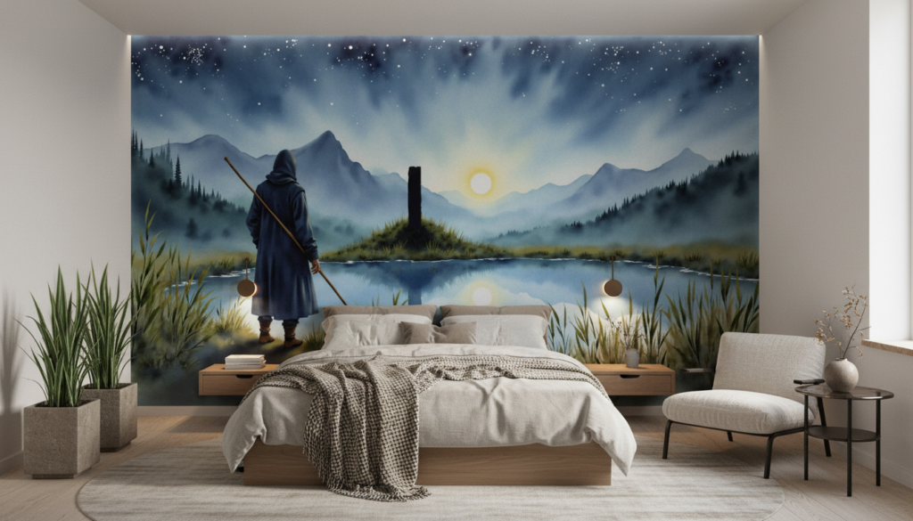 Voyageur mystique contemplant lac montagneux sous ciel étoilé - Chambre adulte