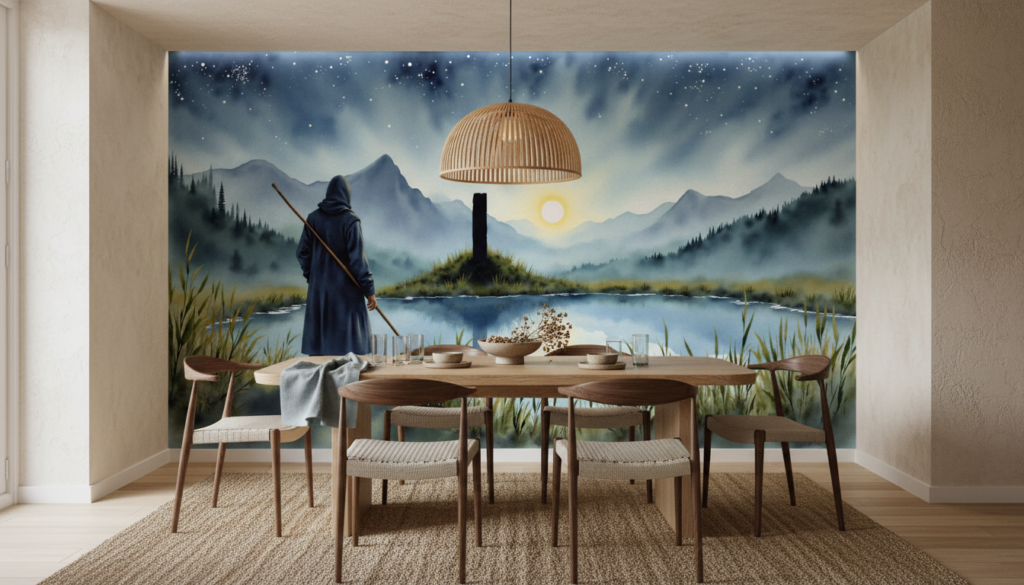 Voyageur mystique contemplant lac montagneux sous ciel étoilé - Salle à manger