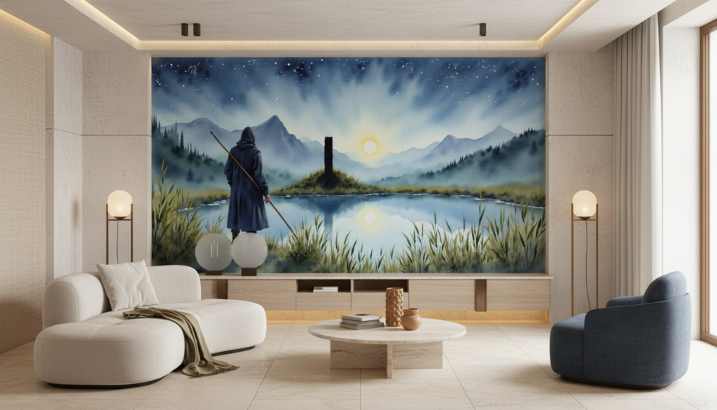 Voyageur mystique contemplant lac montagneux sous ciel étoilé - Salon / Séjour