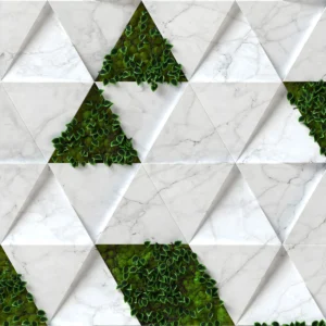 Papier Peint Géométrique Triangulaire Marbre Blanc et Végétation Verte