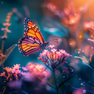 Papillon lumineux et fleurs éclatantes dans jardin féerique nocturne