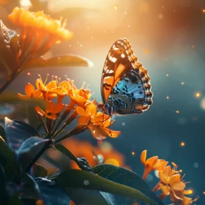 Papillon magique sur fleurs oranges avec lumières dorées scintillantes