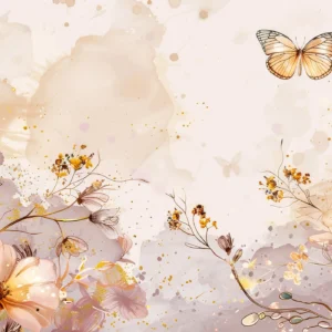 Papier peint aquarelle florale avec papillon doré et touches romantiques