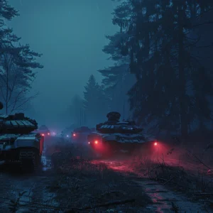 Tanks Militaires dans Forêt Brumeuse aux Éclairages Rouges Nocturnes