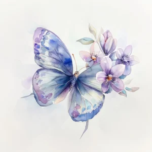Papier Peint Papillon Bleu et Fleurs Violettes Aquarelle Délicate
