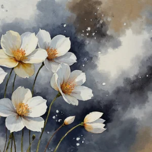 Papier peint aquarelle fleurs blanches cosmos fond nuageux bleu