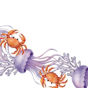 Papier peint aquarelle méduses violettes et crabes oranges océan