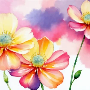 Papier peint aquarelle fleurs cosmos roses violettes fond coloré