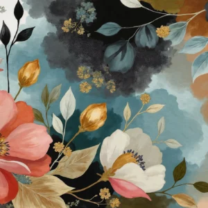 Papier Peint Floral Aquarelle aux Nuances Bleues et Corail Romantiques