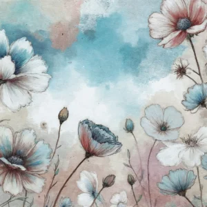 Papier peint aquarelle cosmos et papillon tons pastel bleu rose
