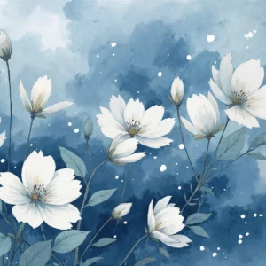 Papier Peint Fleurs Blanches Cosmos sur Fond Bleu Aquarelle