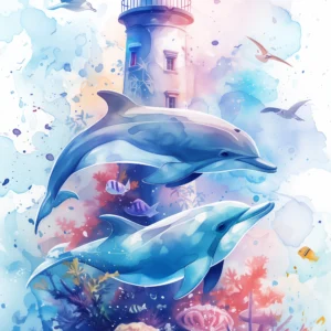 Papier Peint Aquarelle Océan Phare Dauphins Ambiance Marine