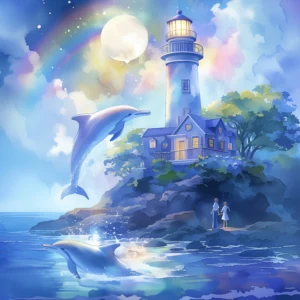 Phare Magique aux Dauphins sous Ciel Étoilé et Arc-en-ciel