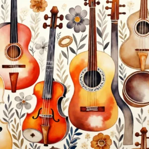 Papier Peint Instruments de Musique Acoustiques et Fleurs Vintage