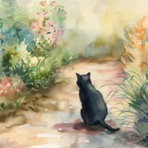 Aquarelle Chat Noir dans Jardin Fleuri Atmosphère Bucolique