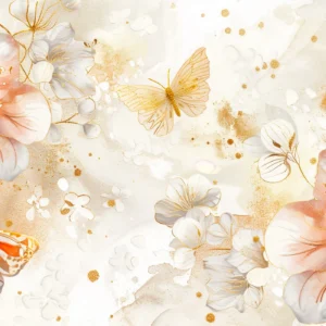 Papier peint floral aquarelle avec hibiscus dorés et papillons délicats