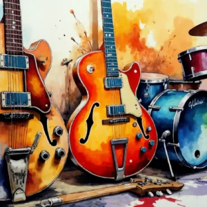 Papier peint aquarelle instruments de musique guitares et batterie