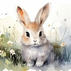 Papier peint aquarelle lapin mignon dans prairie fleurie