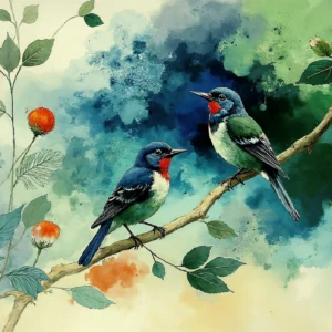 Papier peint aquarelle oiseaux exotiques sur branches fleuries
