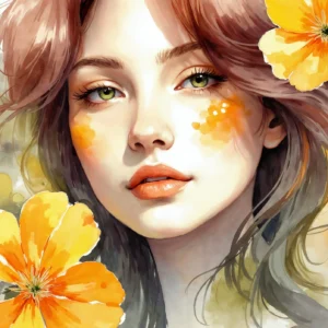 Portrait Féminin Aquarelle avec Fleurs Dorées et Oranges Éclatantes