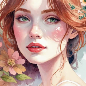 Portrait féminin aquarelle avec fleurs délicates tons pastel romantiques