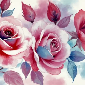 Papier peint aquarelle roses romantiques tons rose et bleu