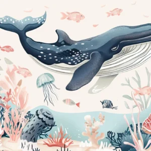 Papier Peint Océanique Baleine et Coraux Illustration Aquarelle