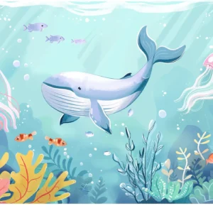 Papier peint océan fantastique avec baleine et méduses colorées