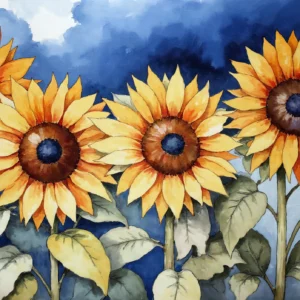 Papier Peint Tournesols Aquarelle Ciel Bleu Nuageux Style Champêtre