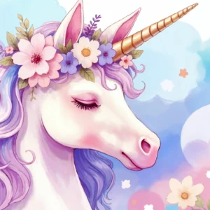 Papier peint licorne féerique avec fleurs aquarelle fond nuageux pastel