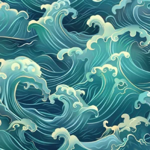 Papier Peint Vagues Océaniques Style Japonais Turquoise et Crème