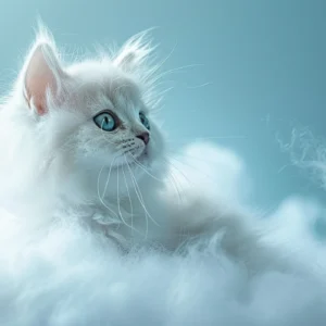 Chat blanc aux yeux bleus dans les nuages célestes