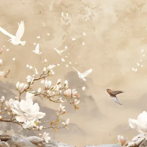 Papier Peint Magnolia et Oiseaux Ambiance Zen Naturelle