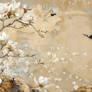 Papier peint magnolias blancs et oiseaux style oriental zen