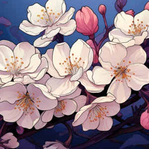 Papier Peint Fleurs de Cerisier Japonaises sur Fond Bleu Nuit