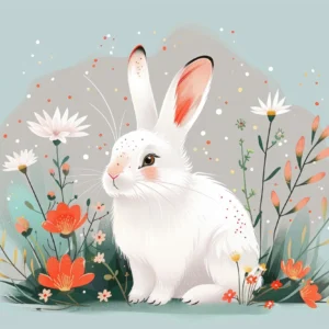 Papier peint lapin blanc et fleurs dans jardin printanier