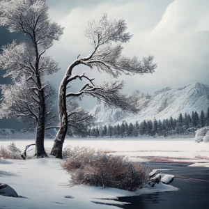 Paysage hivernal paisible avec rivière et montagnes enneigées