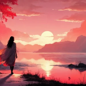 Papier Peint Coucher de Soleil sur Lac Montagneux Style Asiatique