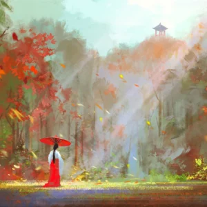 Paysage d'automne mystique avec personnage au parapluie rouge