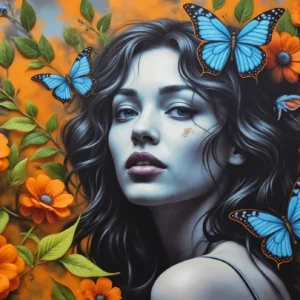 Papier peint portrait féminin avec papillons bleus et fleurs oranges