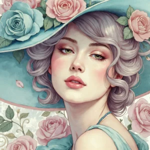 Papier peint vintage élégante dame aux roses romantique aquarelle